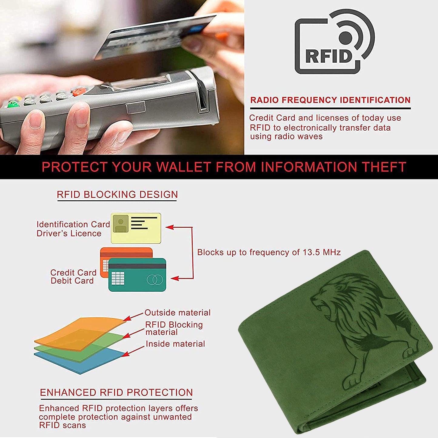 BOSHEK Green Lion Embossed Design Hunter Leather Wallet FW253