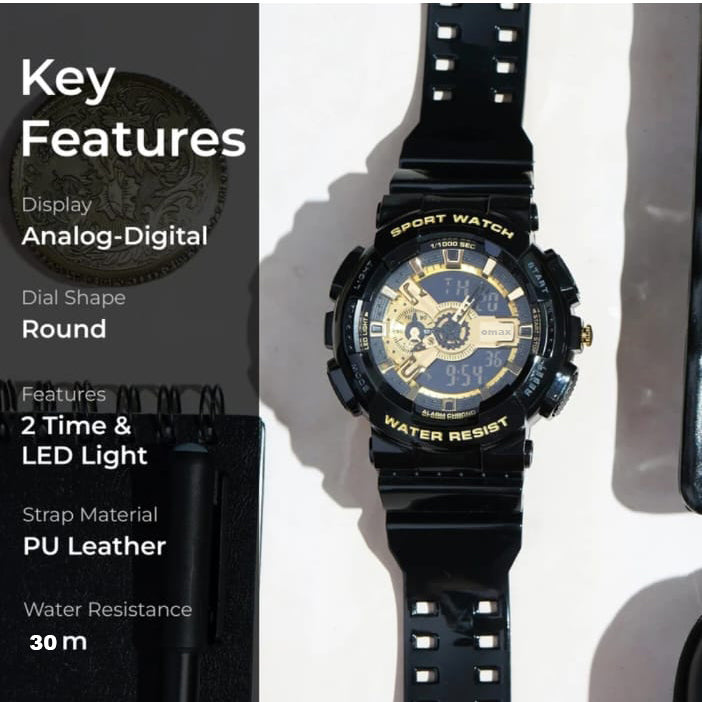OMAX Analogue and Digital display Black Gold Resin Fiber Case Strap Watch for Men and Women-DS91920P