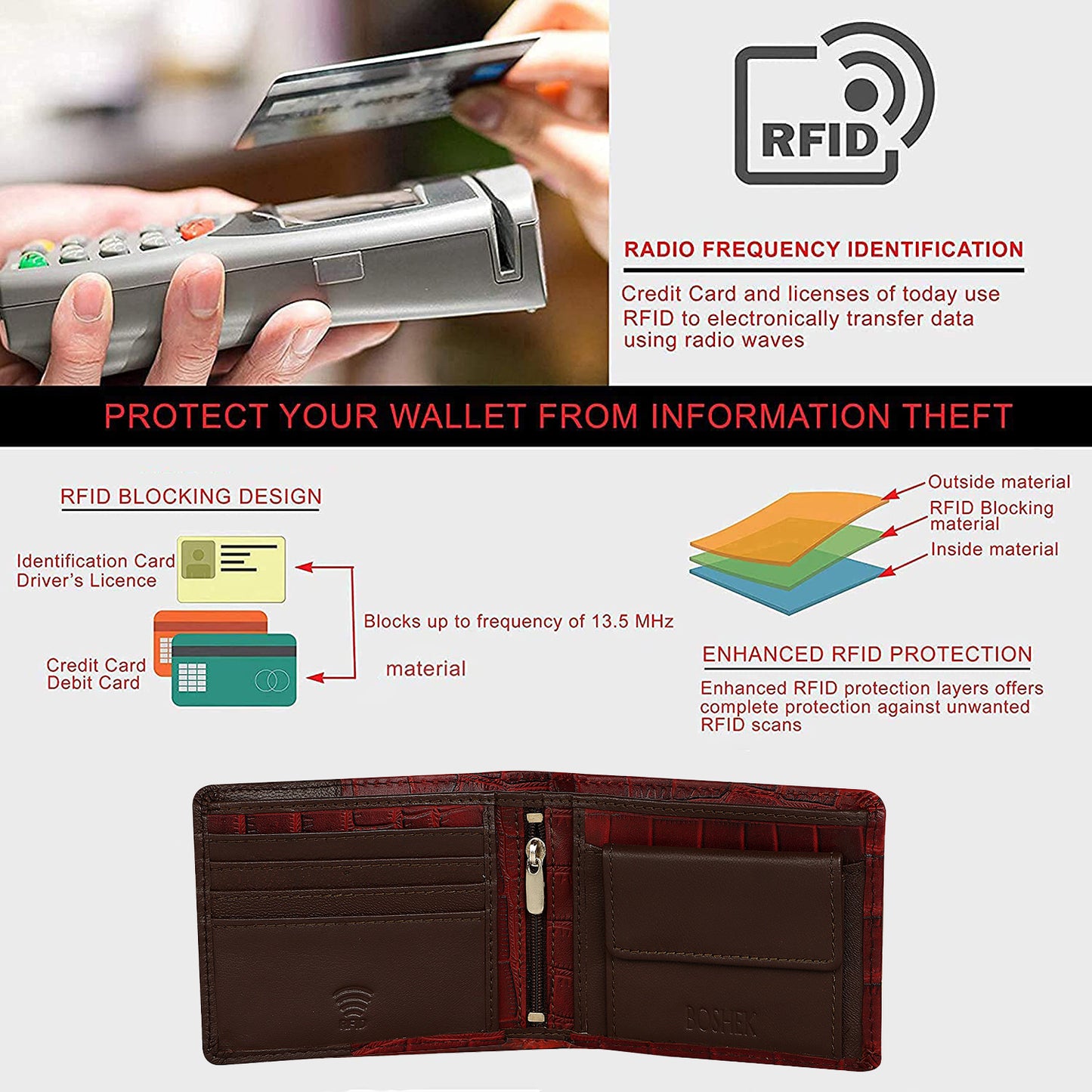 BOSHEK Burgundy Hand Stitched Croco Pattern Leather Men's Wallet FW243