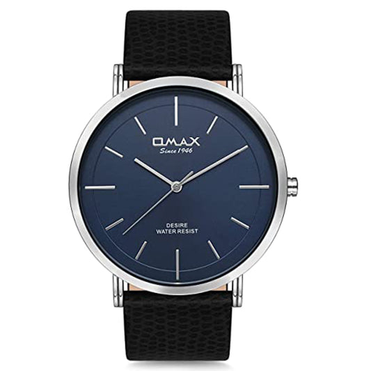 OMAX Blue Dial Black Genuine Leather Formal Watch for Men DX31P42I