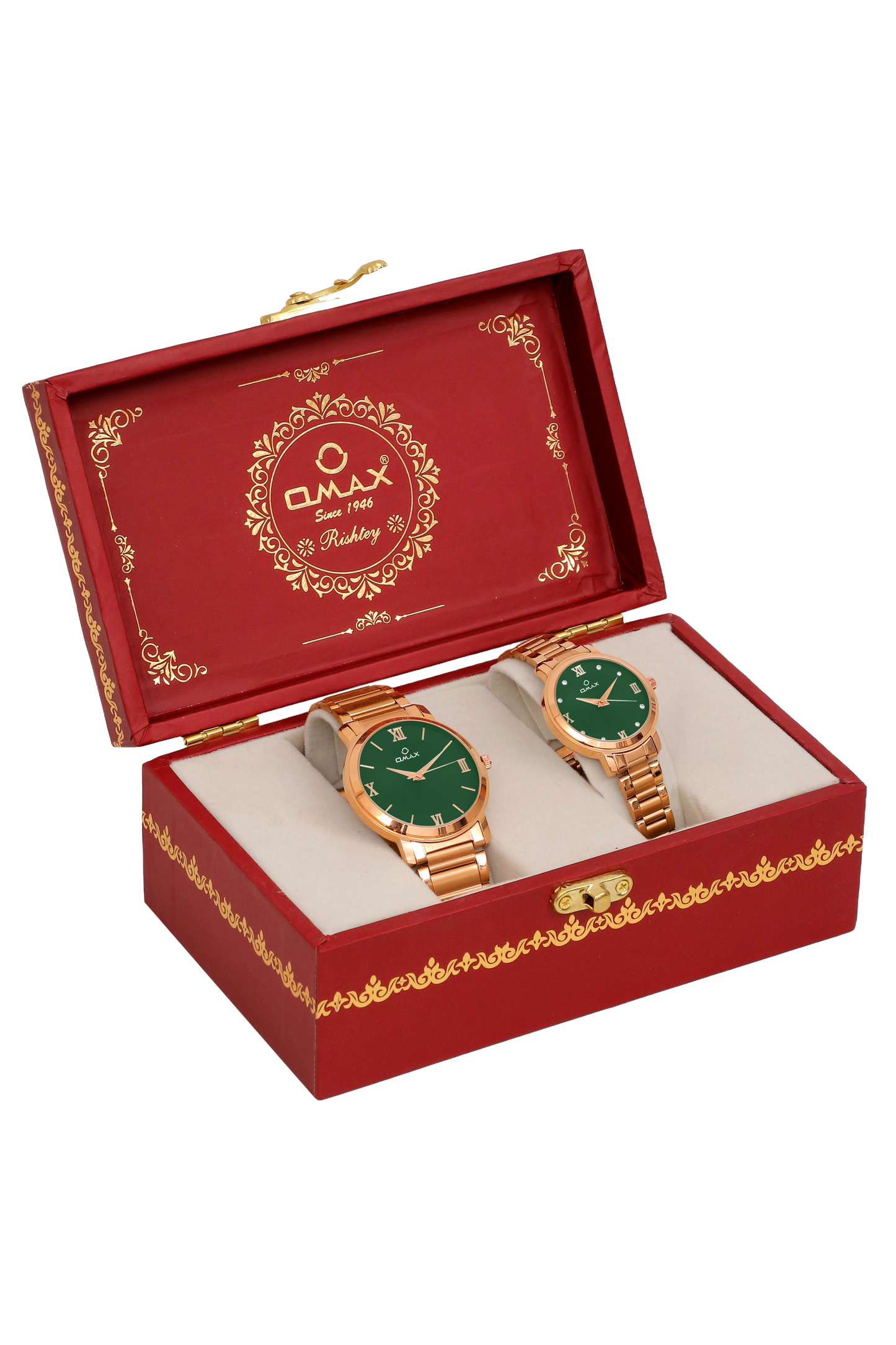 OMAX Analog Green Dial with Rose Gold Stainless Steel Strap Watch Pair for Couple -CPL03
