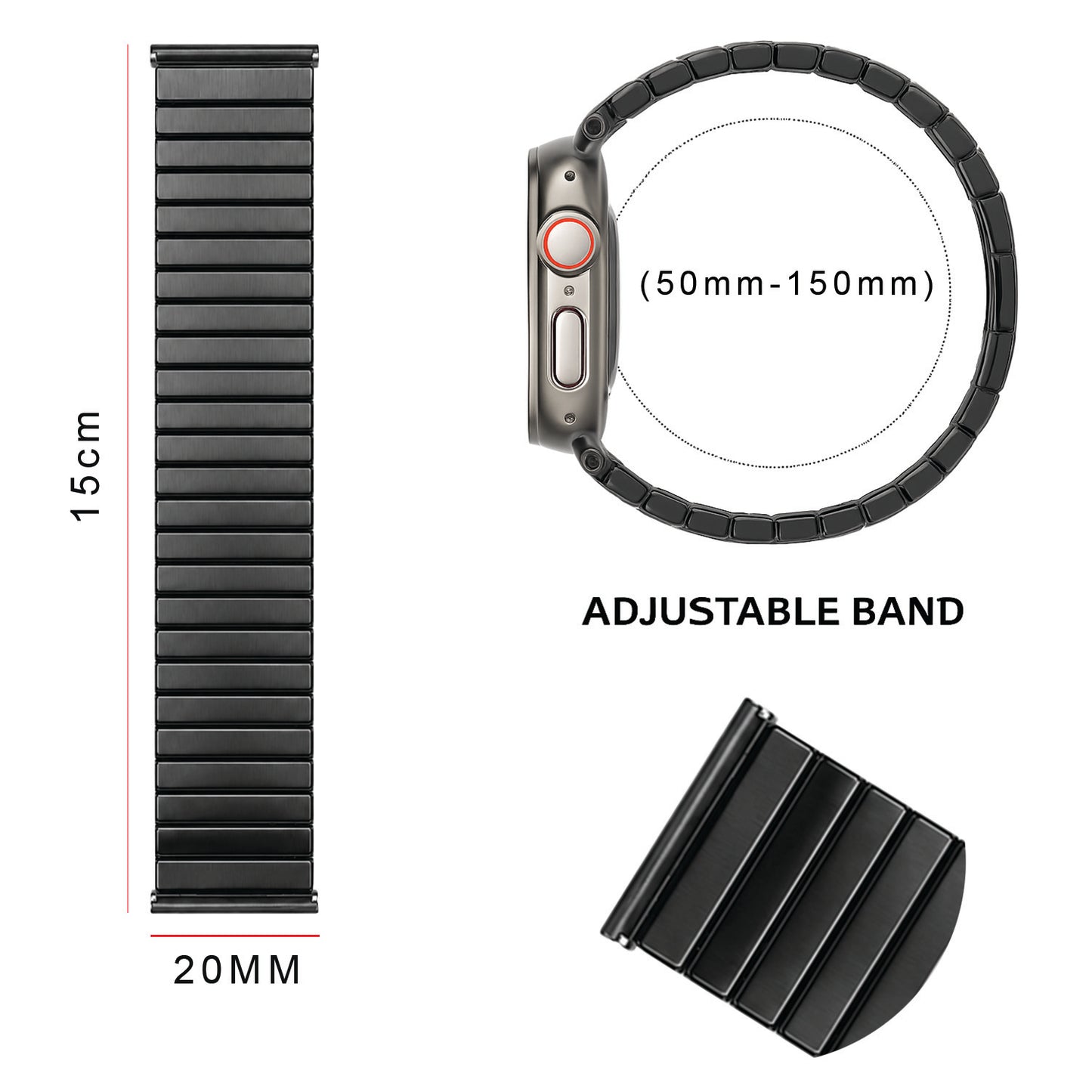 OMAX Stainless Steel Stretchable Elastic Solo Metal Chain Strap Band 49mm / 46mm / 45mm / 44mm Compatible with i Watch Ultra Series 10 9 8 7 6 5 SE 4 Black Strap-FMS120