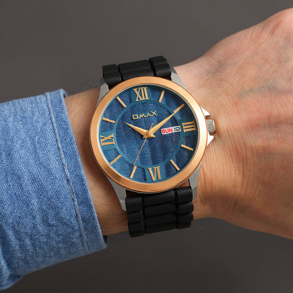 Omax analog Blue Dial ,Rose Gold Case with Black Log lasting Silicone Strap watch for Men BGS6515