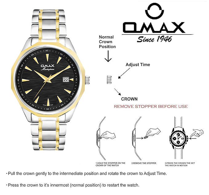 Omax Black Dial Stainless Steel Two Tone Gold and Silver Chain Watch for Men-BGS440