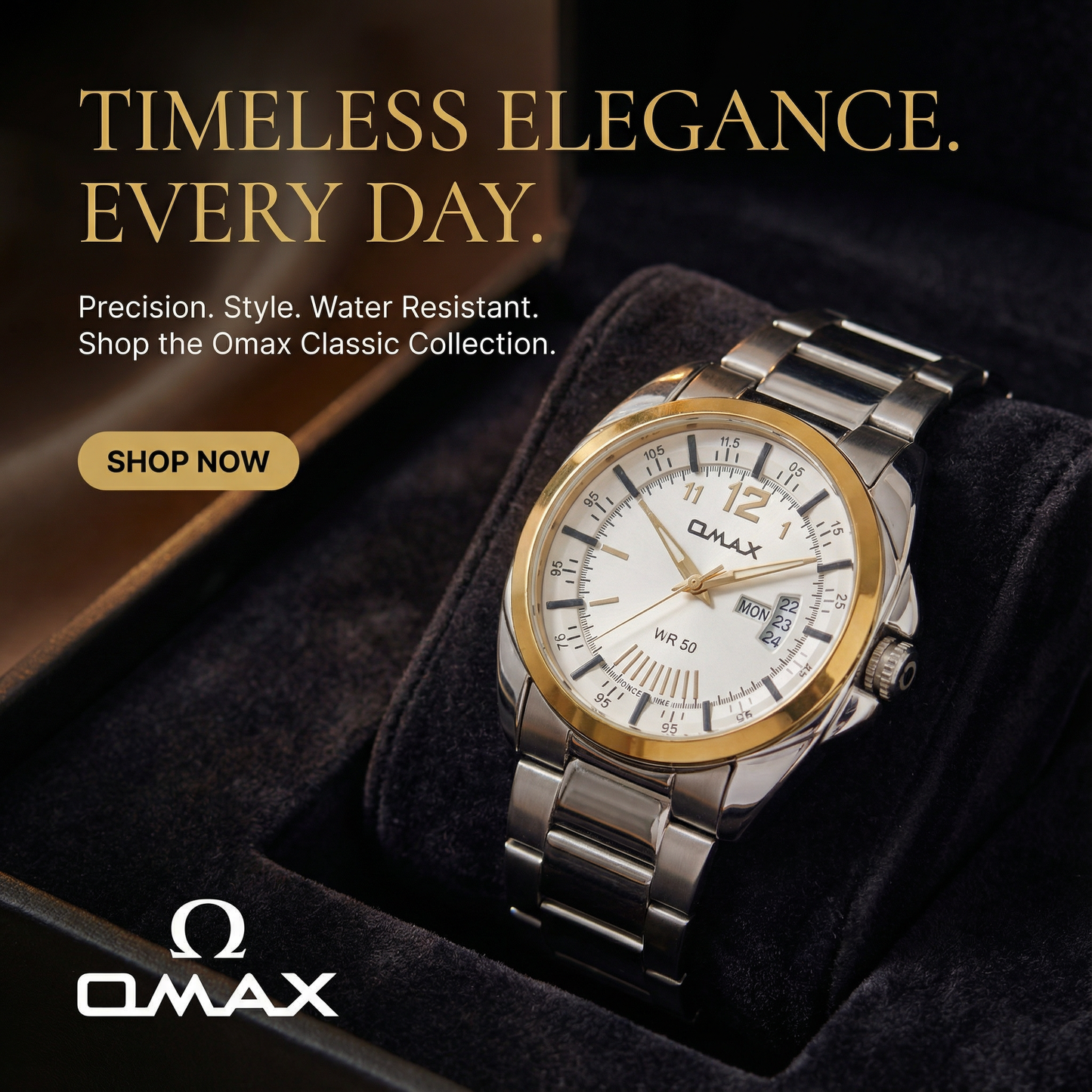Omax White Dial Day Date Gold Bezel Stainless Steel Watch for Men – SS397