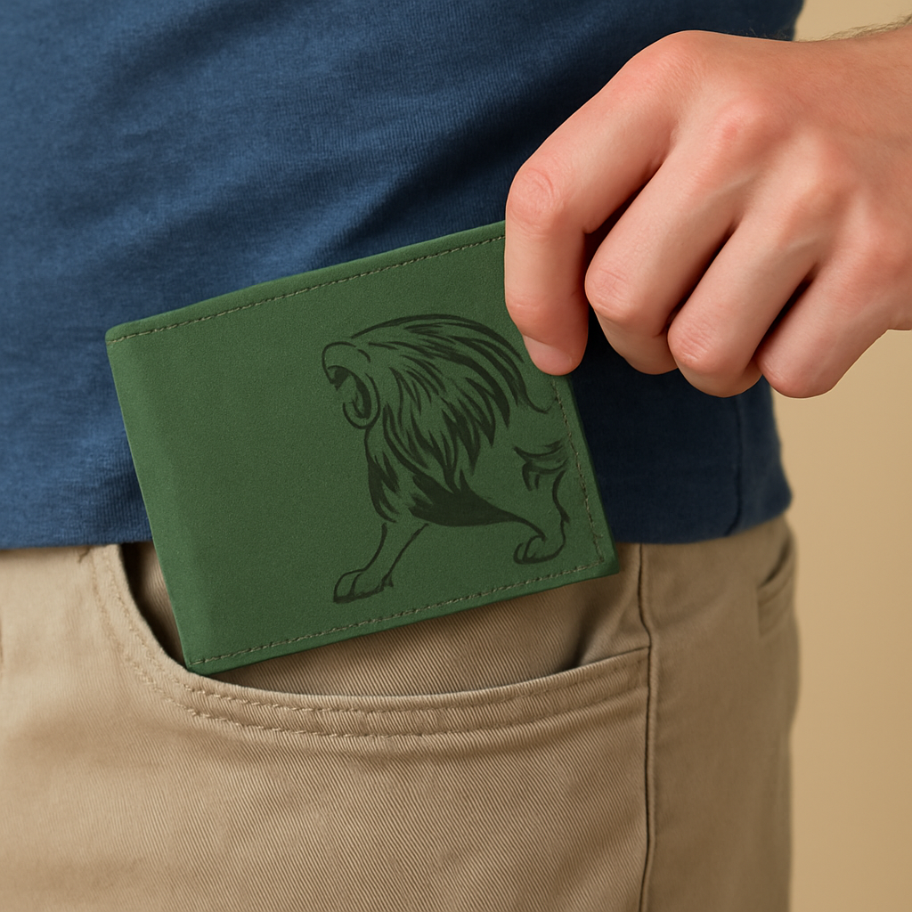 BOSHEK Green Lion Embossed Design Hunter Leather Wallet FW253