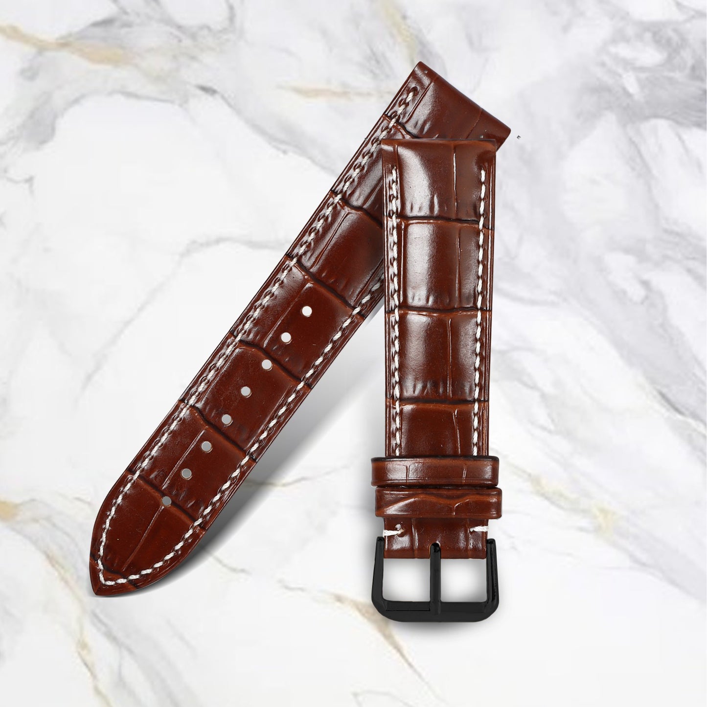 Boshek Tan Genuine Leather Croco Design Watch Strap. Black Buckle Quick Release and Self Changeable FS354