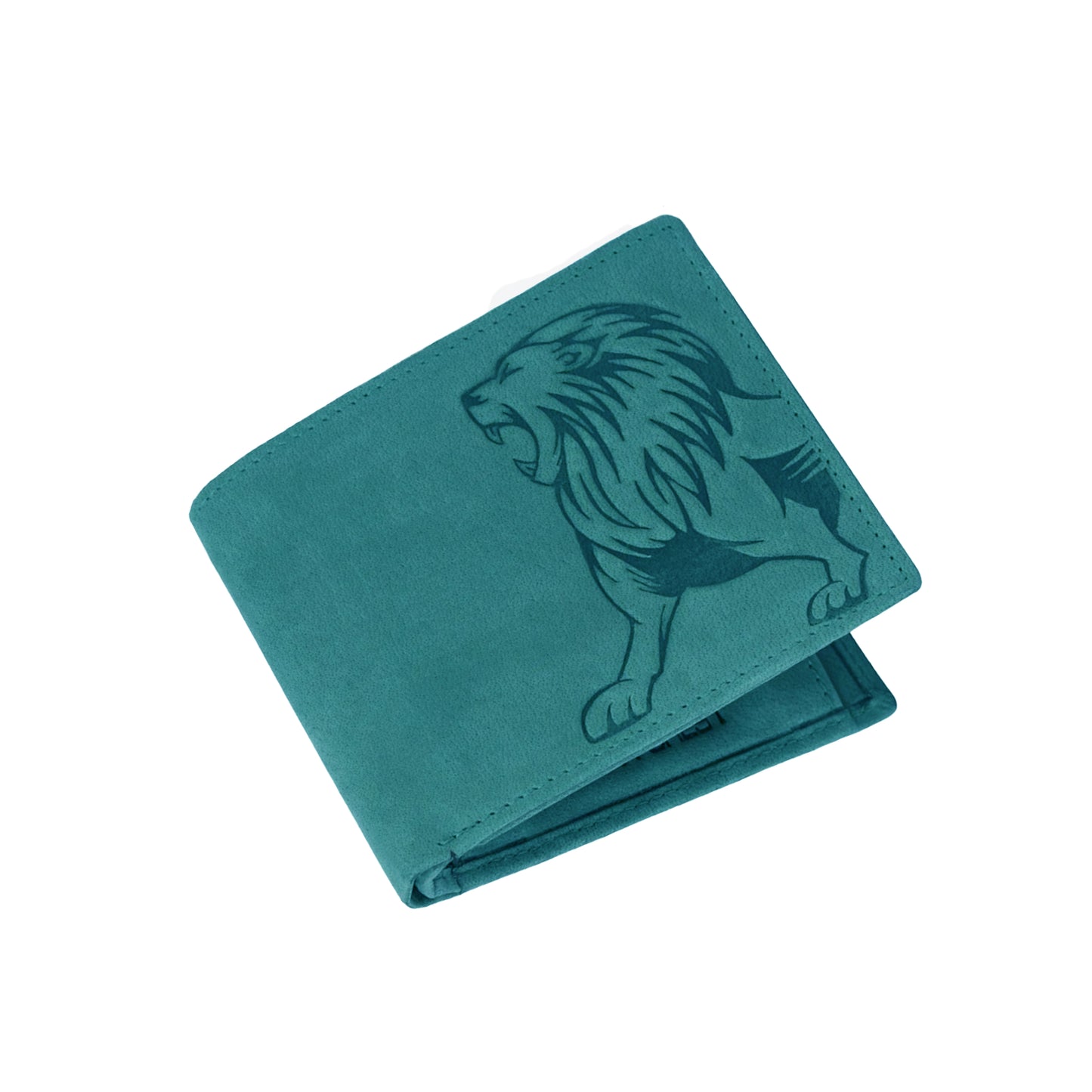 OMAX Aqua Blue Lion Embossed Design Genuine Leather Mens Wallet with Free Rakhi for Brother RBFW253