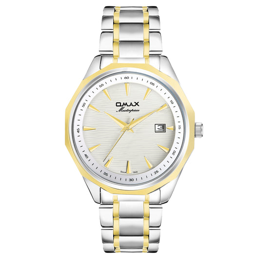 Omax White Dial Stainless Steel Two Tone Gold and Silver Chain Watch for Men-BGS440