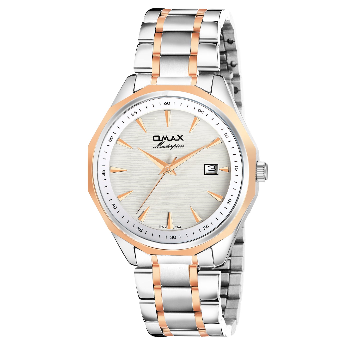 Omax White Dial Stainless Steel Two Tone Rose Gold and Silver Chain Watch for Men-BGS440