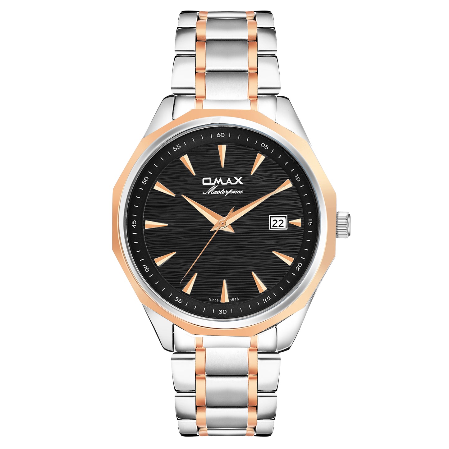 Omax Black Dial Stainless Steel Two Tone Rose Gold and Silver Chain Watch for Men-BGS440