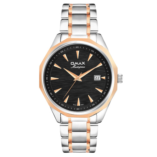 Omax Black Dial Stainless Steel Two Tone Rose Gold and Silver Chain Watch for Men-BGS440