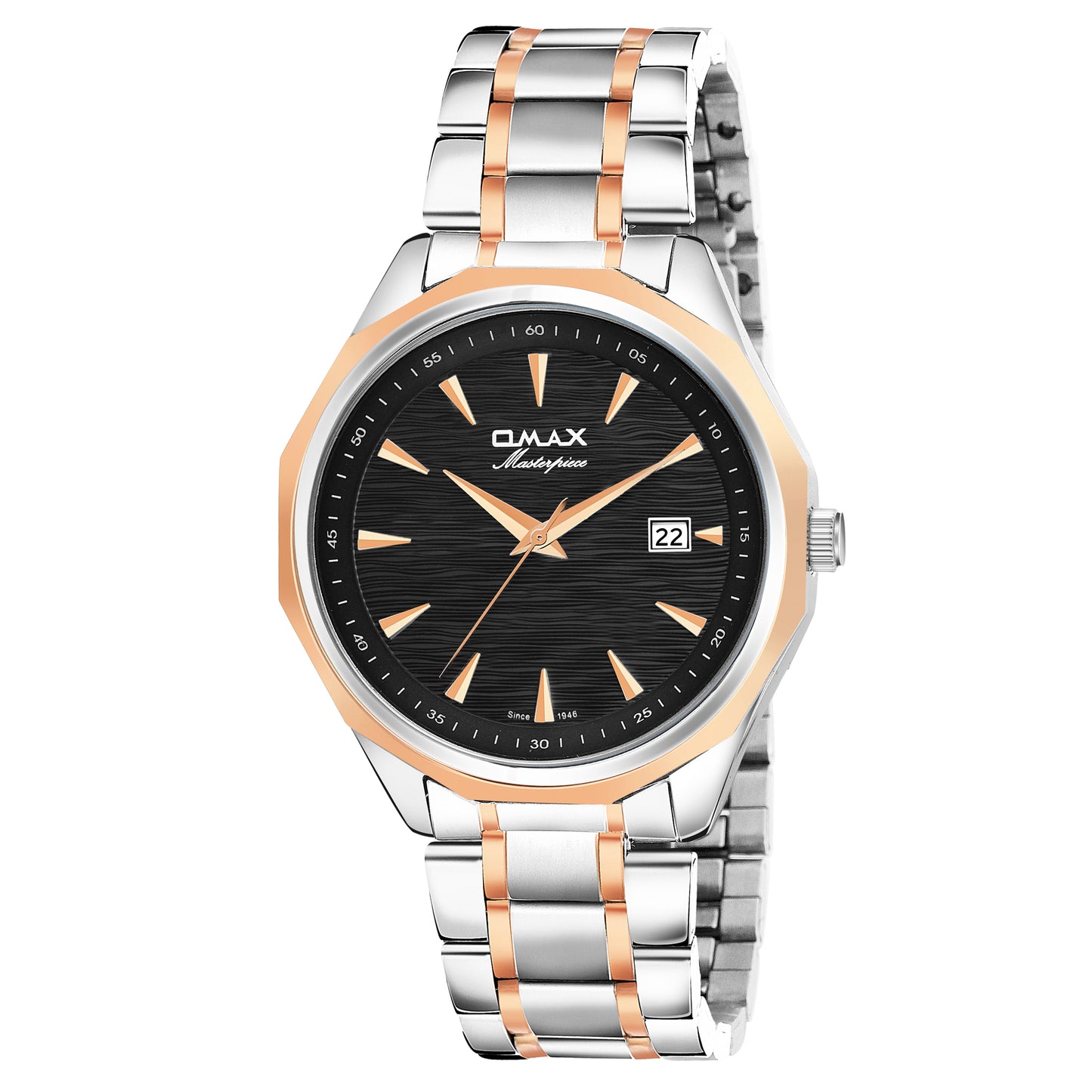 Omax Black Dial Stainless Steel Two Tone Rose Gold and Silver Chain Watch for Men-BGS440