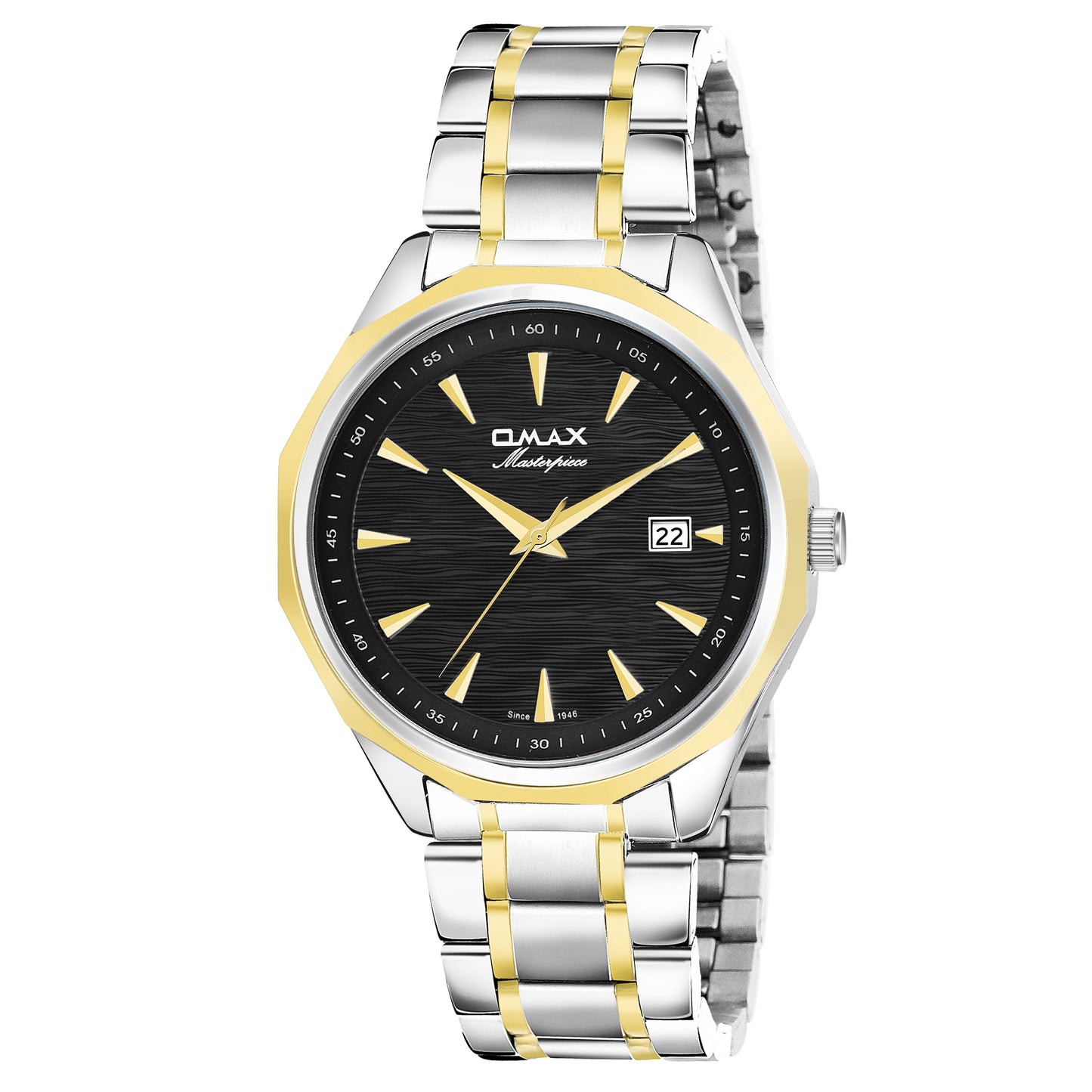 Omax Black Dial Stainless Steel Two Tone Gold and Silver Chain Watch for Men-BGS440
