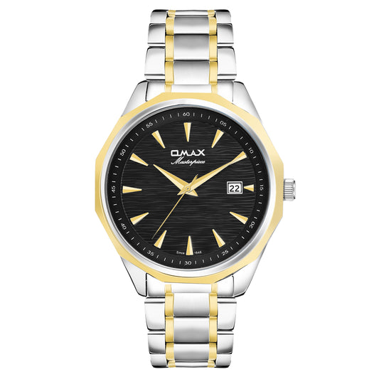 Omax Black Dial Stainless Steel Two Tone Gold and Silver Chain Watch for Men-BGS440