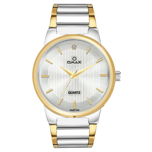 OMAX Classic Elegance White Dial Gold and Silver Stainless Steel Strap Men's Watch-BGS2529
