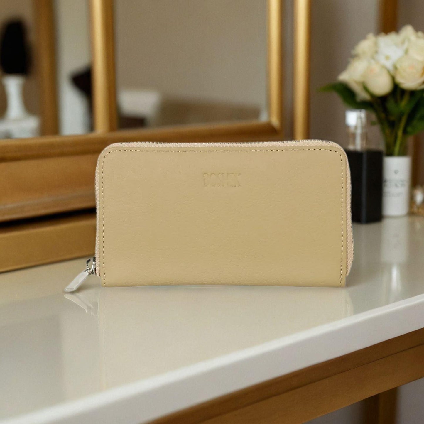 Boshek Beige Full Zipper Closure Genuine Leather Clutch Purse for Women-FWL250