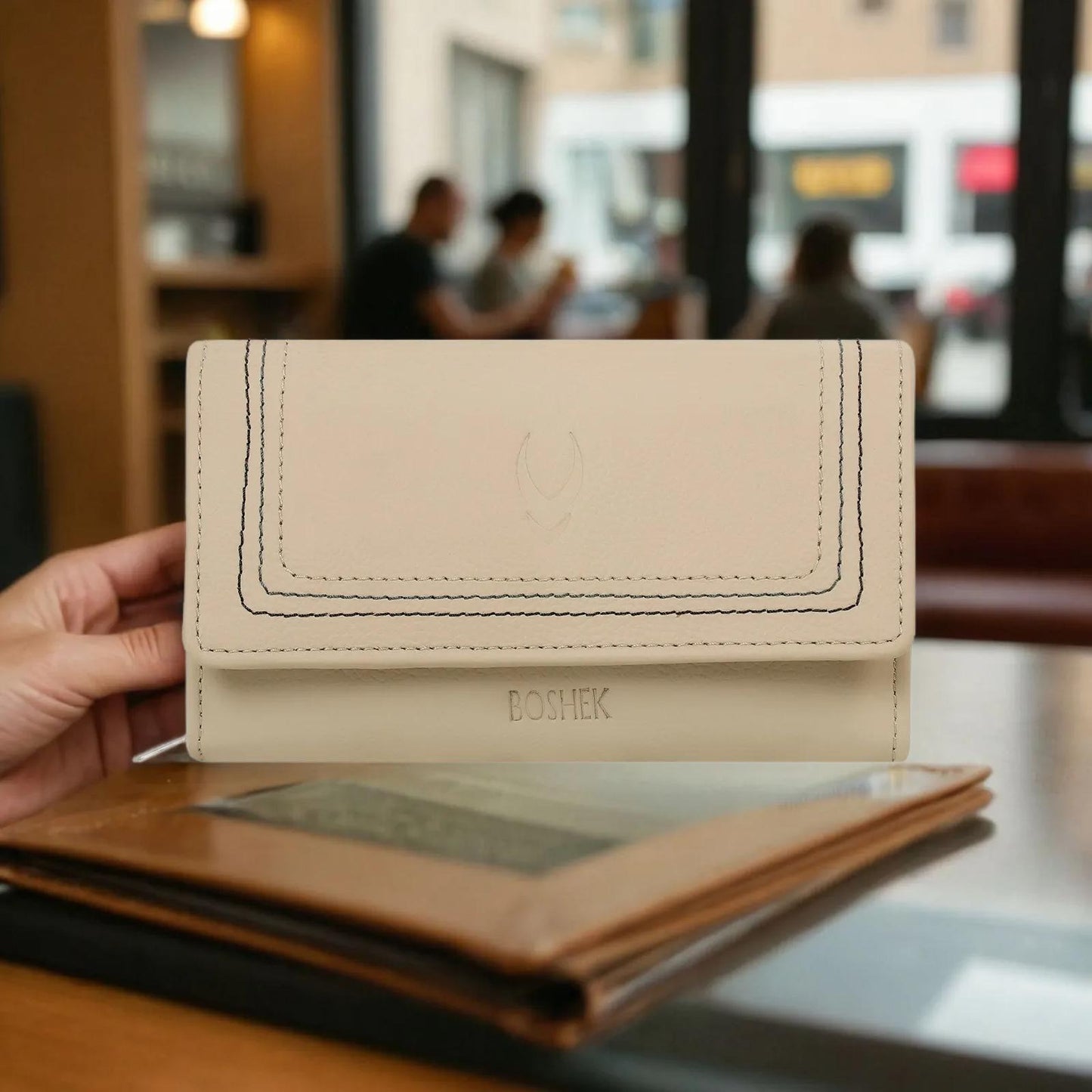 Boshek Beige Genuine Leather Clutch Purse for Women
