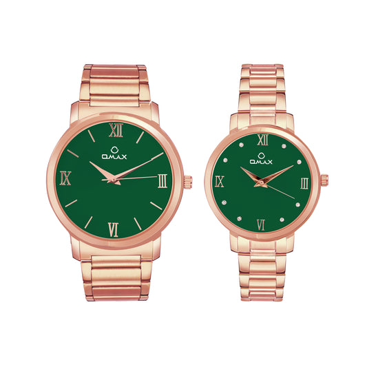 OMAX Analog Green Dial with Rose Gold Stainless Steel Strap Watch Pair for Couple -CPL03