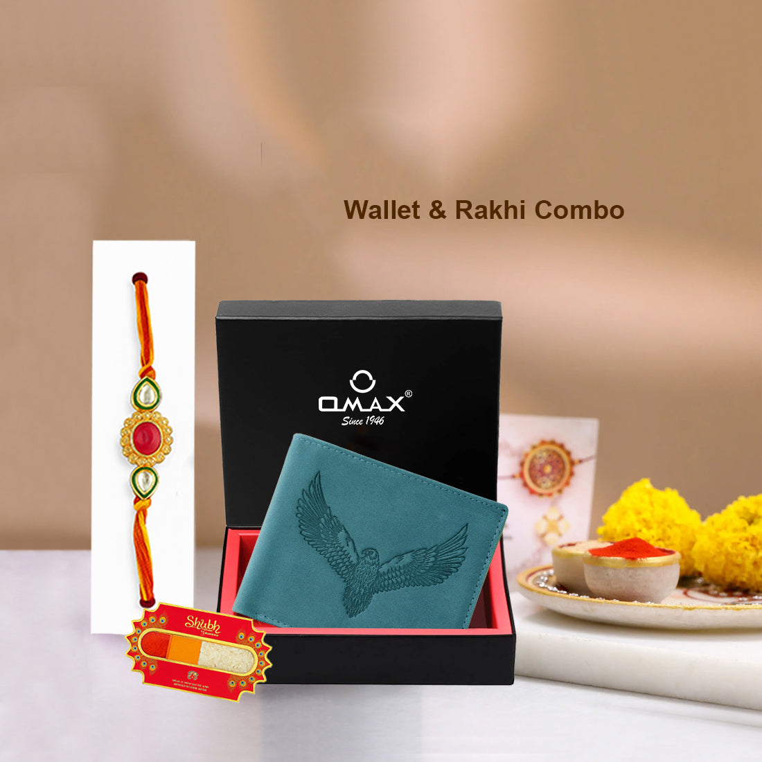OMAX Aqua Blue Eagle Embossed Design Genuine Leather Mens Wallet with Free Rakhi for Brother RBFW253