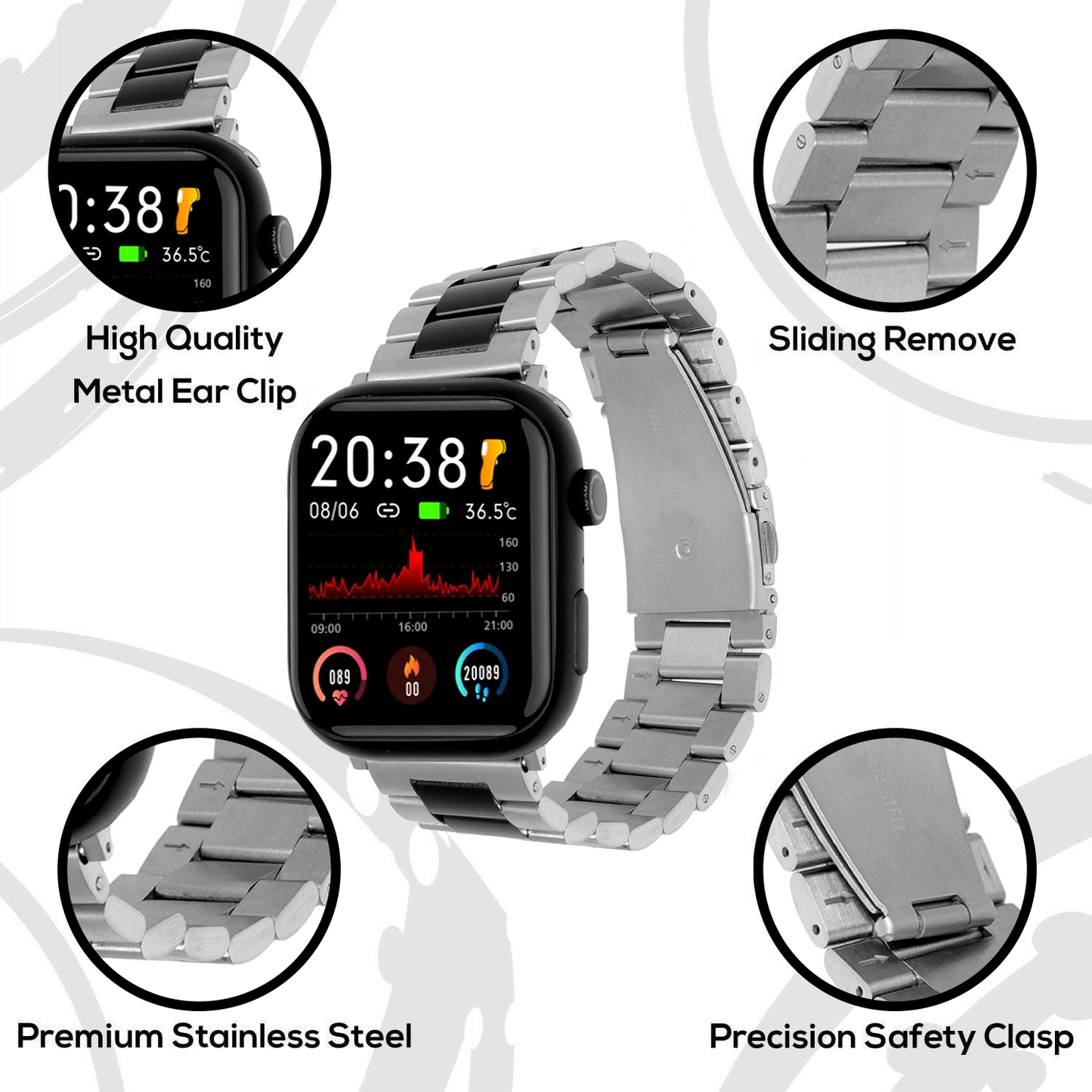 Omax FMS118 Black & Silver Two-Tone Stainless Steel Apple Watch Strap – 38mm 40mm 41mm