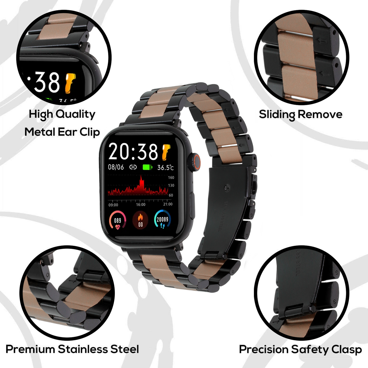 Omax FMS119 Black & Rose Gold Two-Tone Stainless Steel Apple Watch Strap – 38mm 40mm 41mm