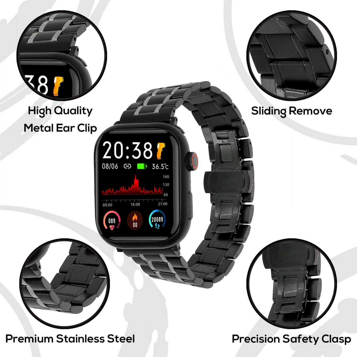 Omax FMS109 All Black & Steel Two-Tone Stainless Steel Apple Watch Strap – 38mm 40mm 41mm