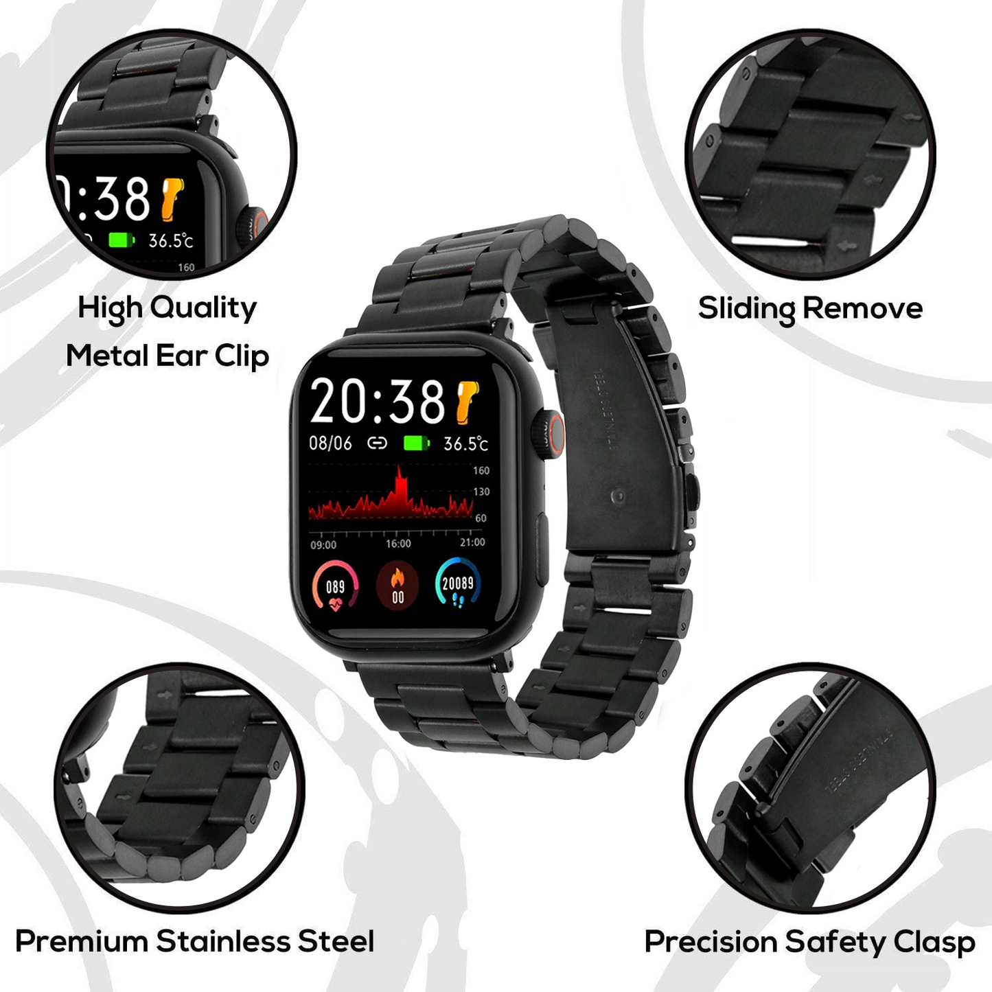 Omax FMS113 All Black Stainless Steel Apple Watch Strap – 38mm 40mm 41mm