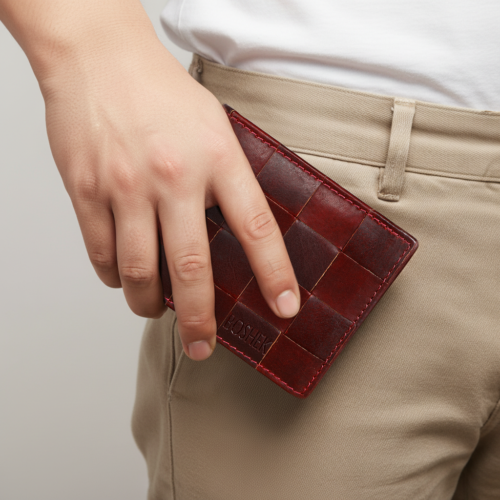 BOSHEK Burgundy Woven Criss Cross Crunch Leather Men's Wallet FW246