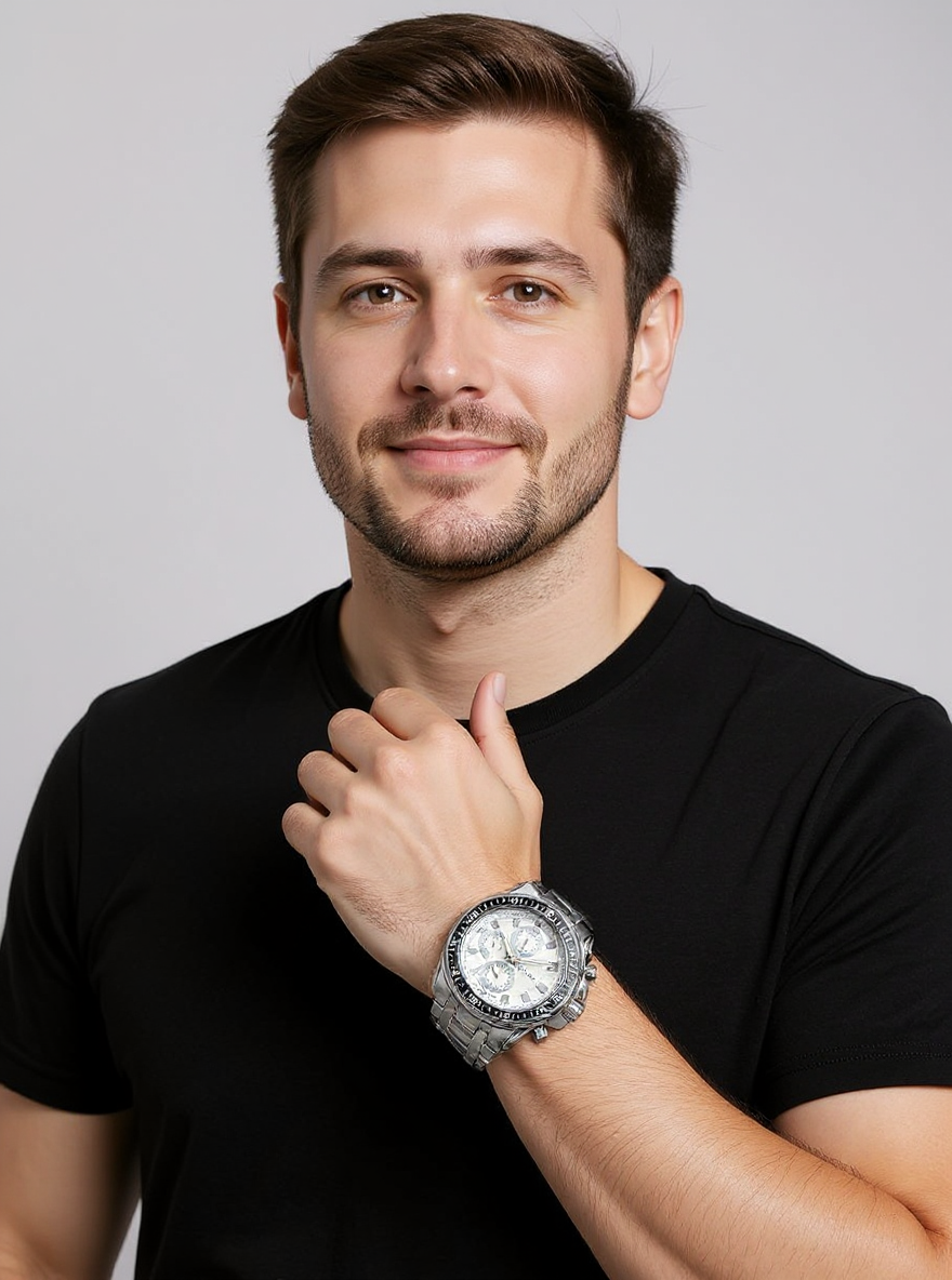 OMAX Multifunction White Stainless Steel Watch for Men SS536