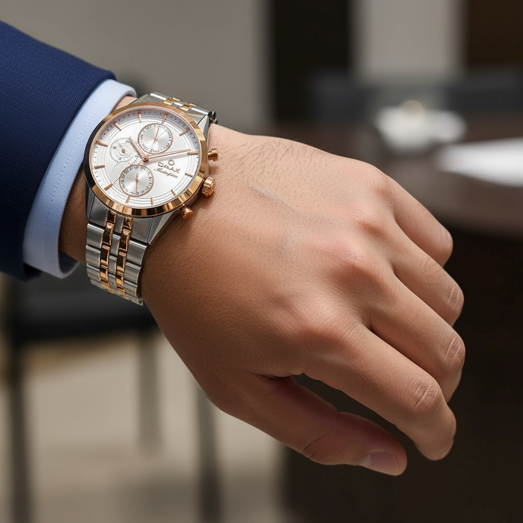 OMAX Analog Multifunction White Dial Stainless Steel Two Tone bracelet Strap Men’s Watch - MG11C6CI