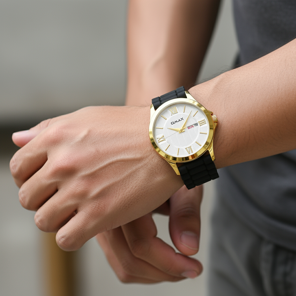 Omax analog White Dial, Golden Case with Black Log lasting Silicone Strap watch for Men BGS6515