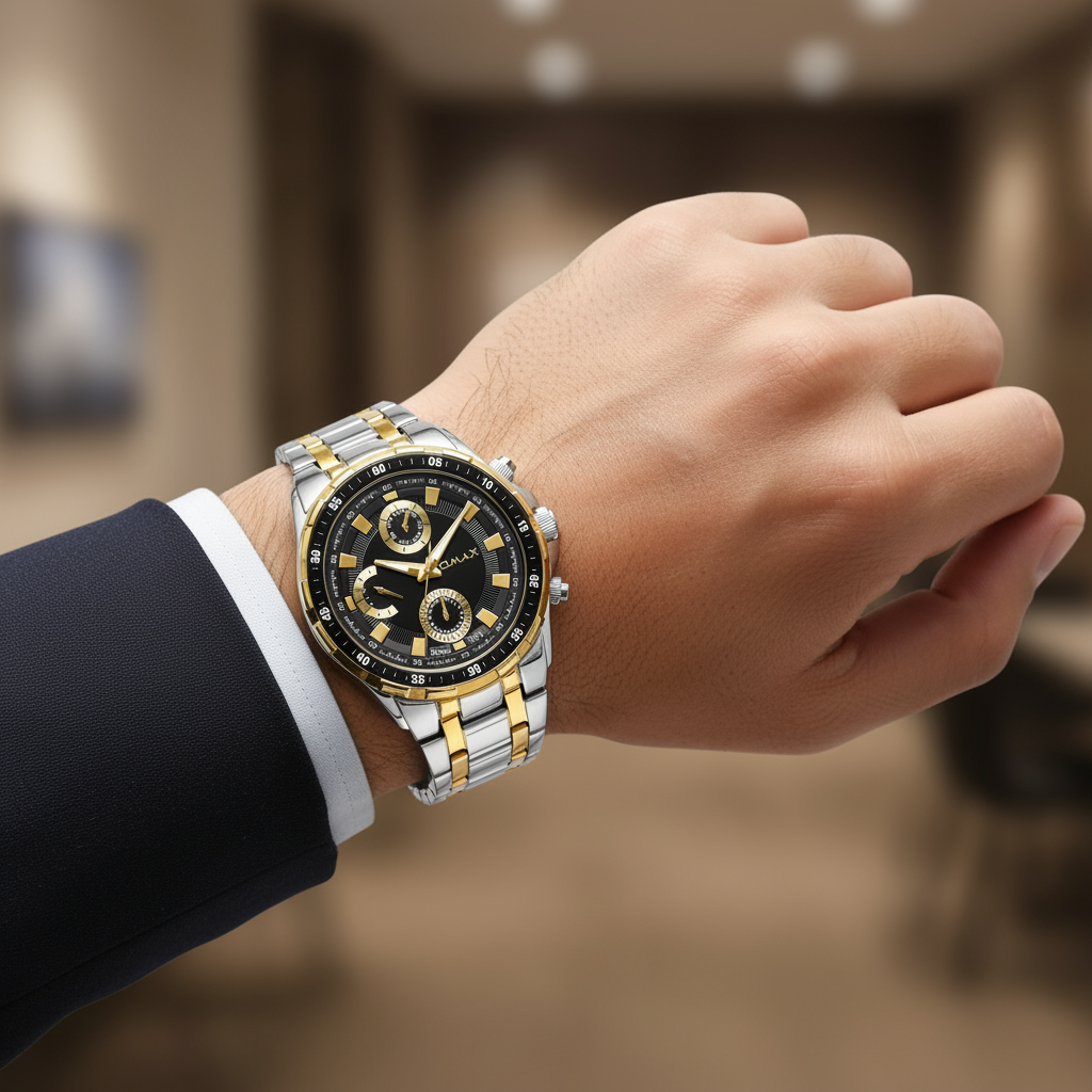 OMAX Multifunction Black Stainless Steel Watch for Men SS538
