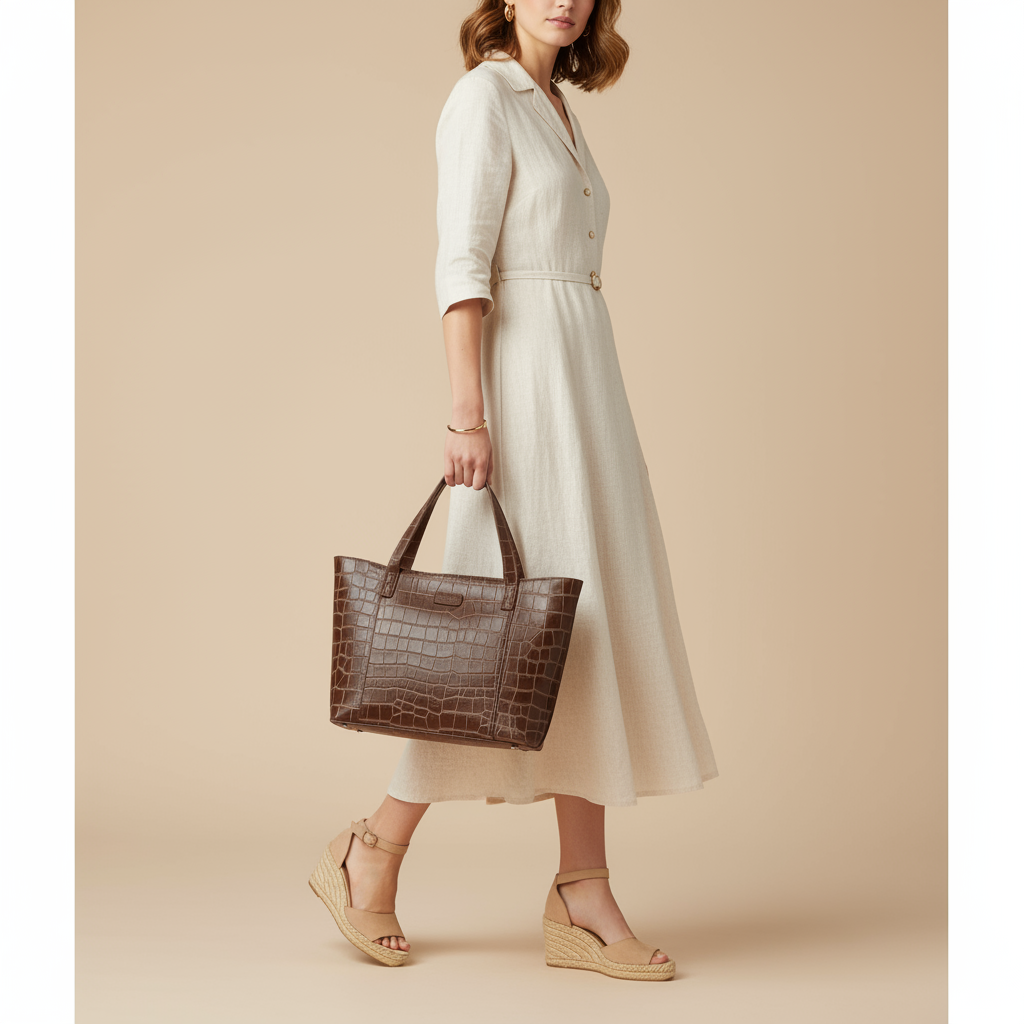 Omax Brown Croco Genuine Leather Medium Tote Handbag for women LTHRL7
