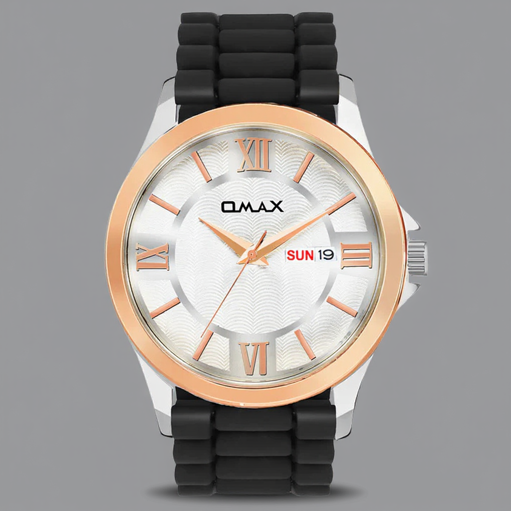 Omax analog White Dial, Rose Gold Case with Black Log lasting Silicone Strap watch for Men BGS6515