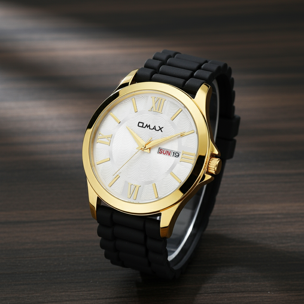 Omax analog White Dial, Golden Case with Black Log lasting Silicone Strap watch for Men BGS6515