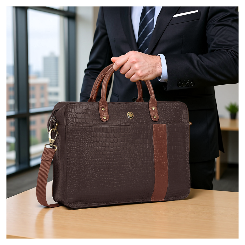 OMAX Brown Contrast Mix Matching Croco Design Genuine Leather Laptop Bags for Men and Women LTHRMSN59