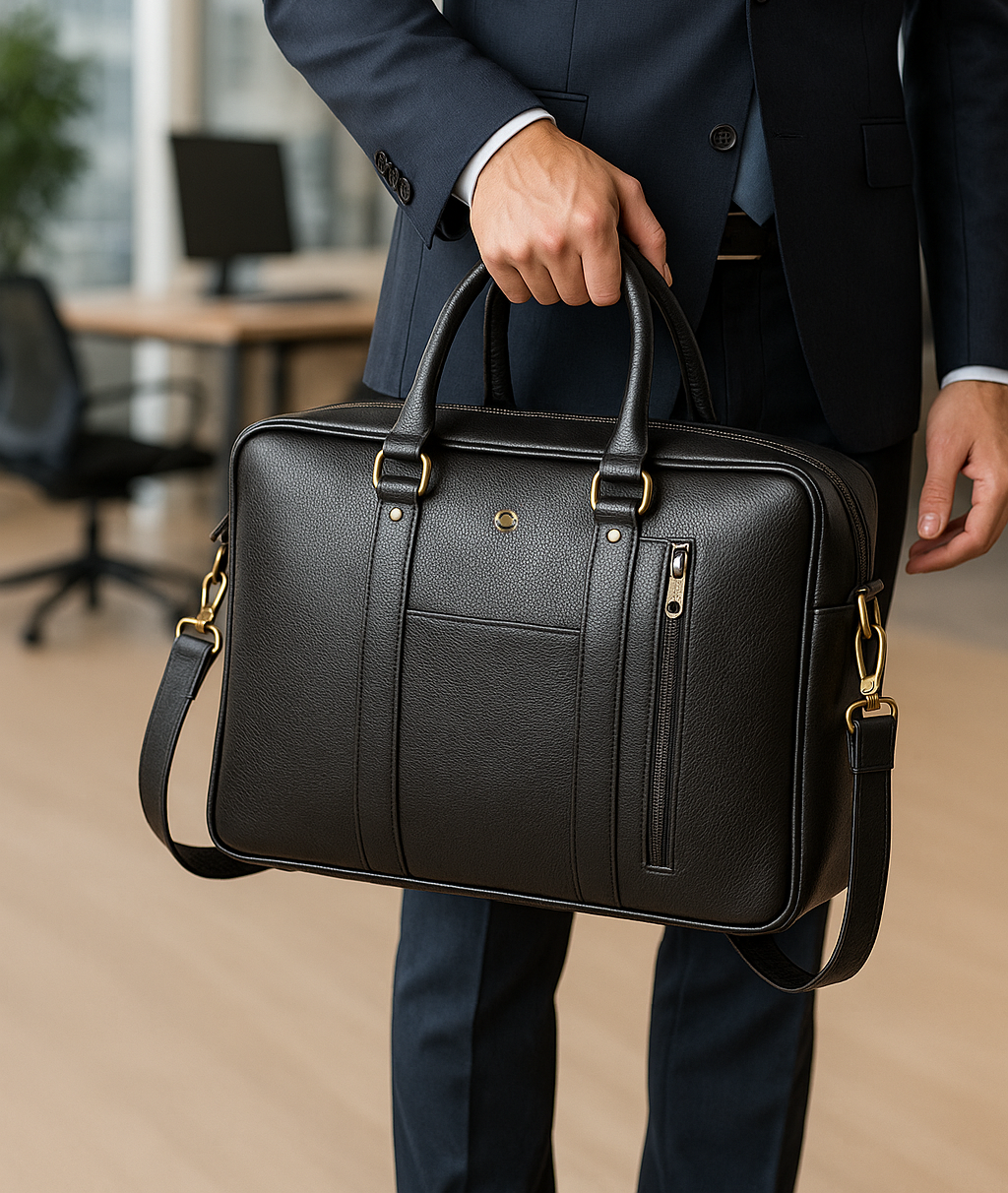 Omax Black Color Genuine Leather Double Compartment Messenger Laptop Bag LTHR03
