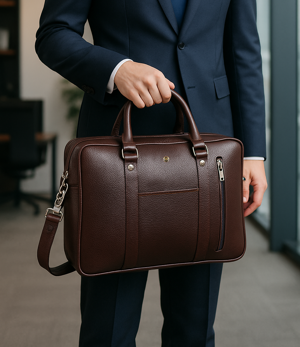 Omax Brown Color Genuine Leather Double Compartment Messenger Laptop Bag LTHR03
