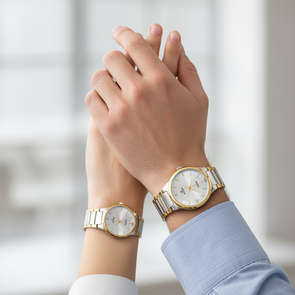 OMAX Analog White Dial with Silver and Gold Stainless Steel Strap Watch Pair for Couple -CPL05