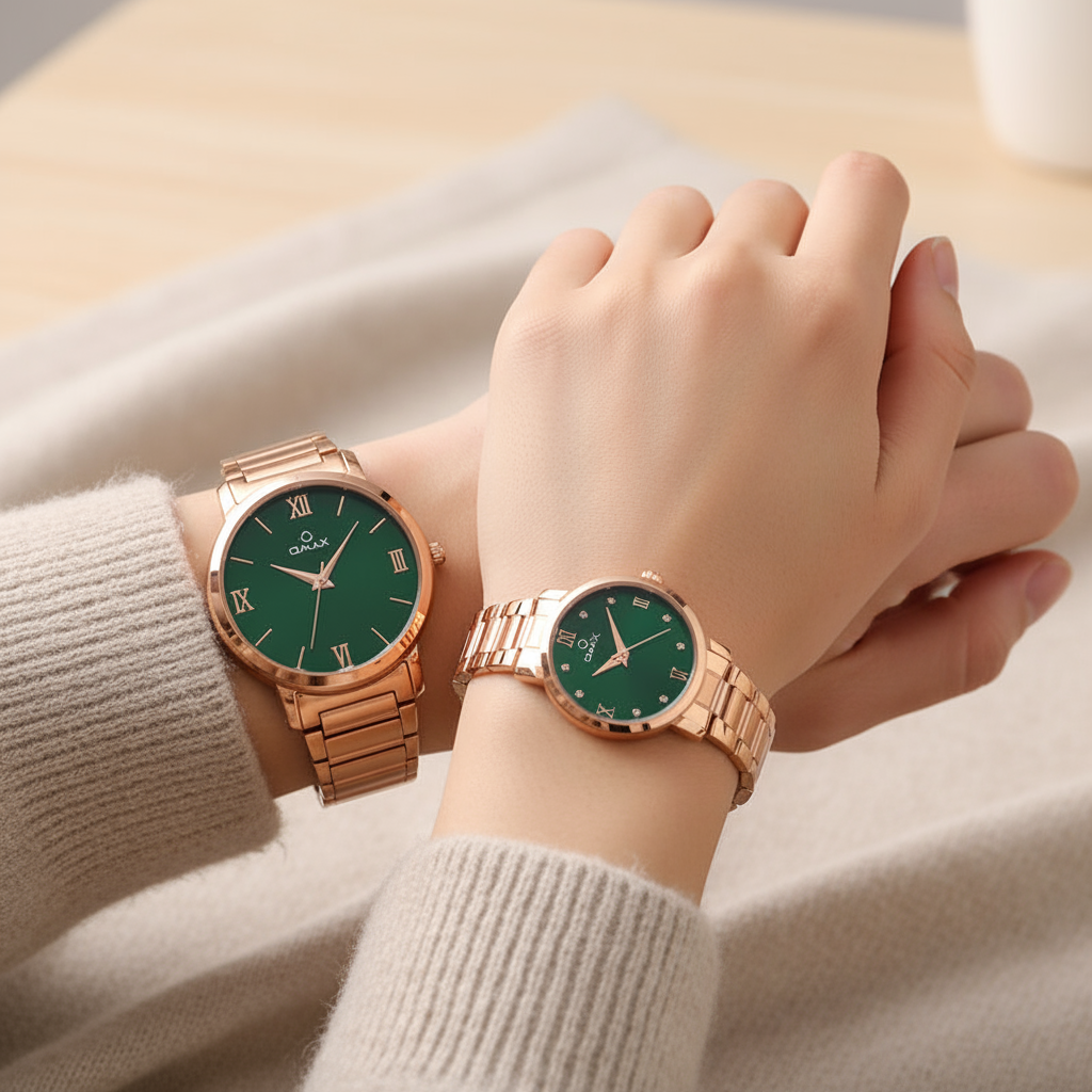 OMAX Analog Green Dial with Rose Gold Stainless Steel Strap Watch Pair for Couple -CPL03