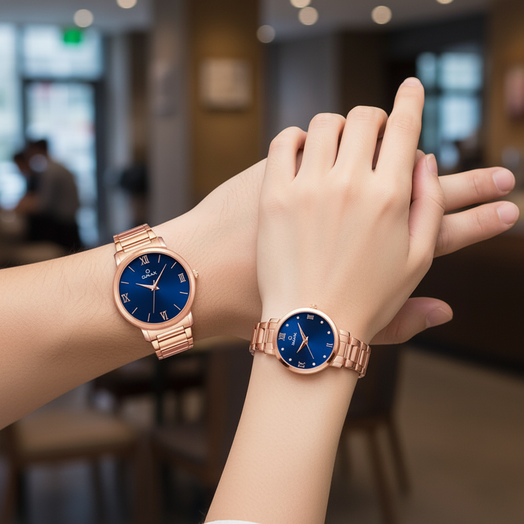 OMAX Analog Blue Dial with Rosegold Stainless Steel Strap Watch Pair for Couple -CPL03