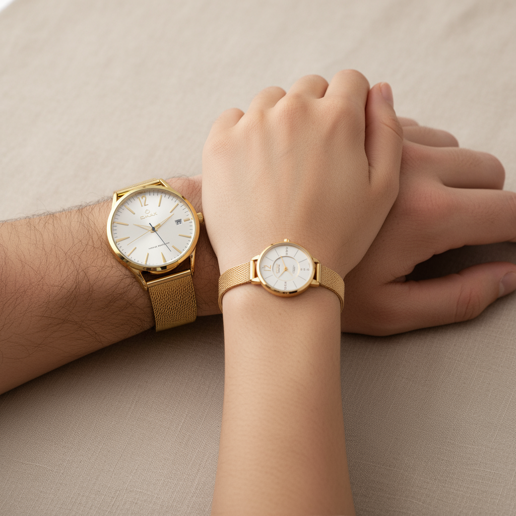 OMAX Analog White Dial with Golden Stainless Steel Mesh Strap Watch Pair for Couple -CPL01