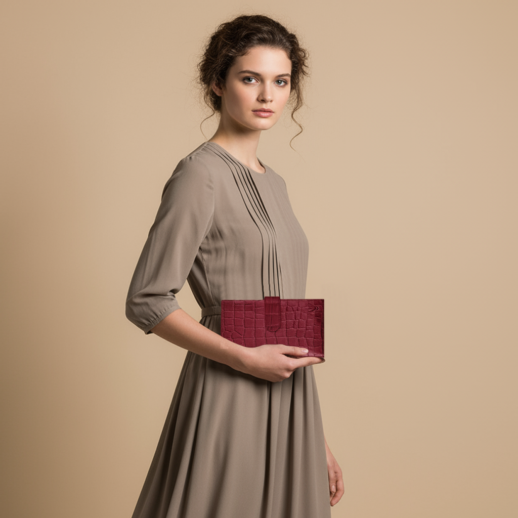 Boshek Maroon Croco Genuine Leather Clutch - FWL101