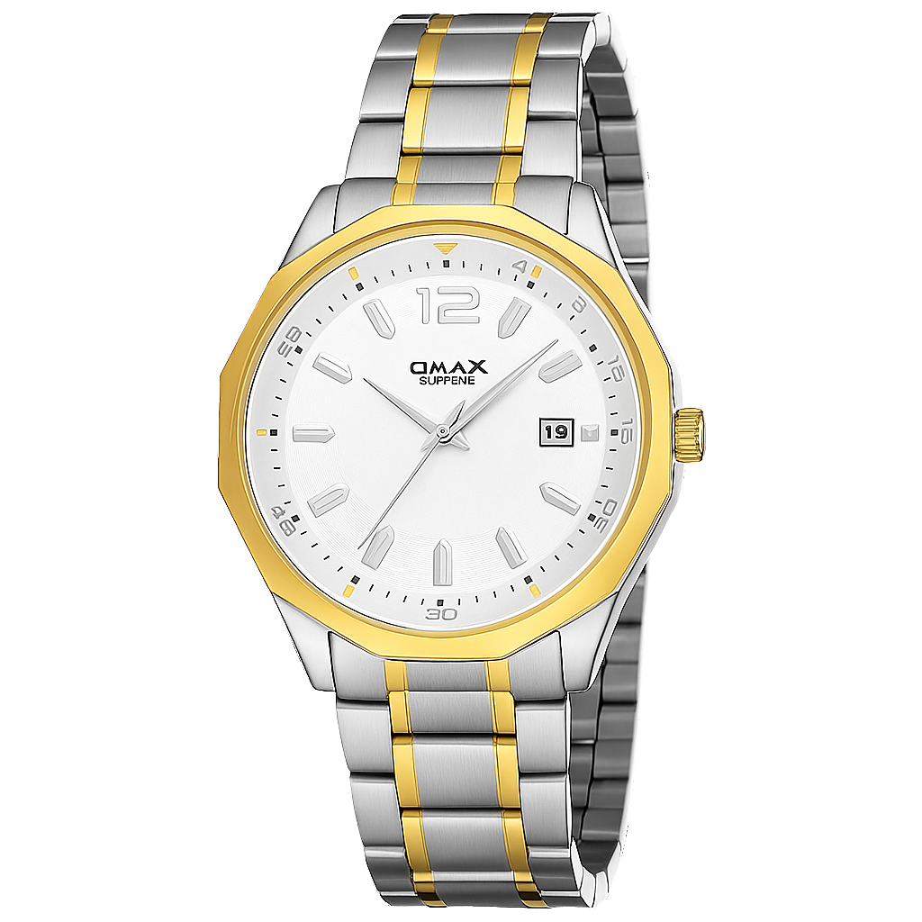 Omax White Dial Two-Tone Gold Silver Steel Chain Watch for Men