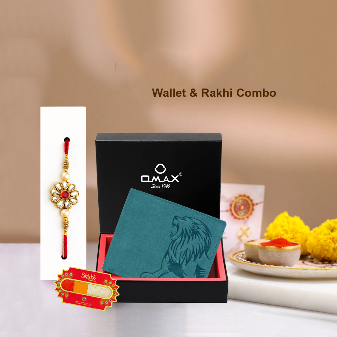 OMAX Aqua Blue Lion Embossed Design Genuine Leather Mens Wallet with Free Rakhi for Brother RBFW253