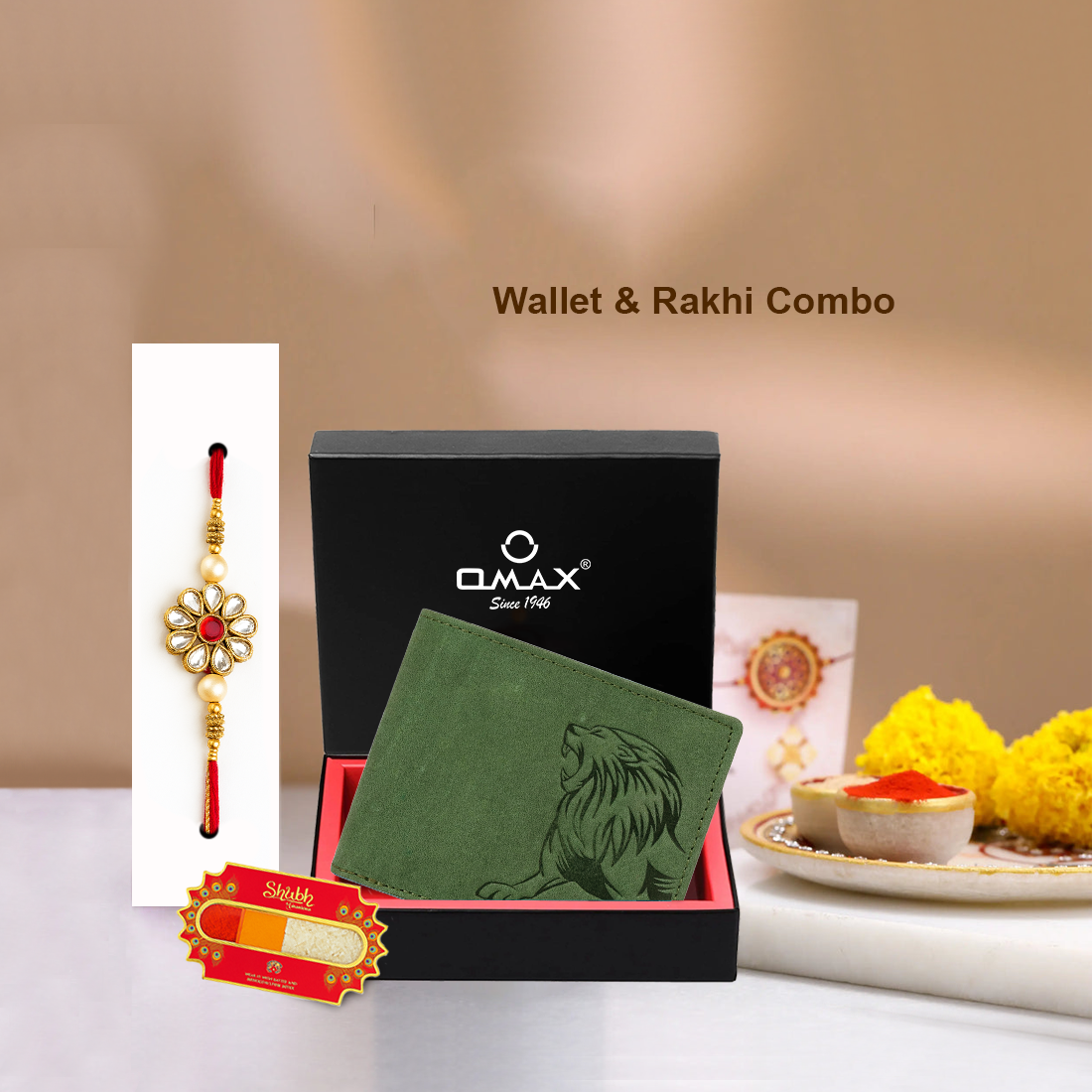 OMAX Olive Lion Embossed Design Genuine Leather Mens Wallet with Free Rakhi for Brother RBFW253