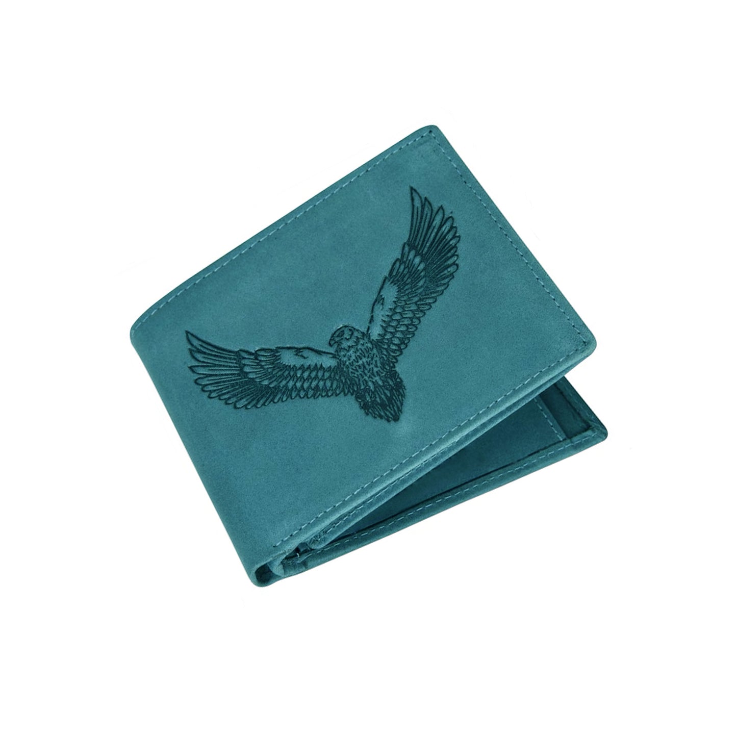 OMAX Aqua Blue Eagle Embossed Design Genuine Leather Mens Wallet with Free Rakhi for Brother RBFW253