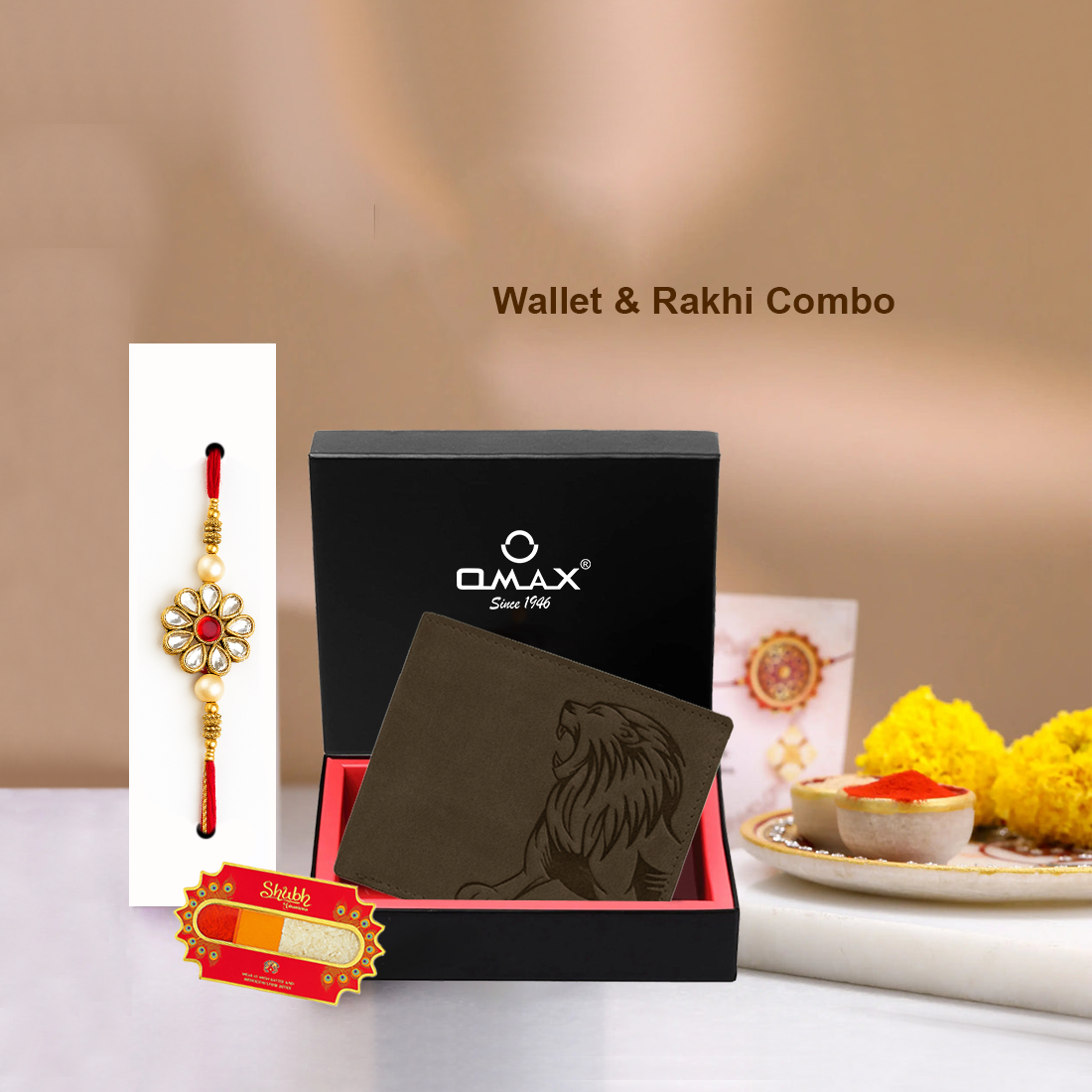 OMAX Brown Lion Embossed Design Genuine Leather Mens Wallet with Free Rakhi for Brother RBFW253