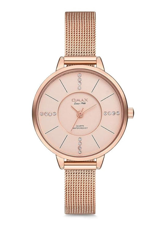 OMAX Analogue Dial Rose Gold Case with Stainless Steel Mesh Chain Watch for Women-00FMB002600F